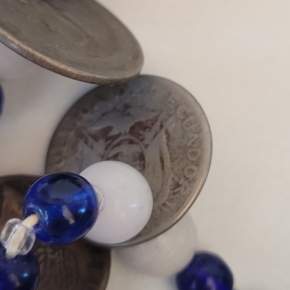 Otavalo 3 Strand Trade Bead Glass & 5 Centavo Coins Necklace Blue & White 24" - Picture 5 of 14